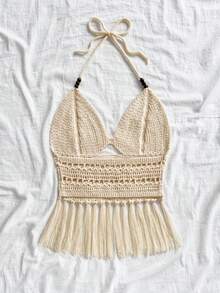 Soleia Women's Beaded Halter Neck Tassel Hem Knit Top, Suitable For Holiday, Date, Afternoon Tea, Beach, Cruise, City Trip, Wedding Season, Music Festival, Boho Vacation Fringe Top, Fringe Bathing Suit Crochet Bathing Suit Crochet Swimsuit Women Fringe Crochet Top Crochet Bathing Suit Top Crochet Bikini Top Fringe Bikini Fringe Bikini Top Fringe Bathing Suit Top - Apricot - View 2