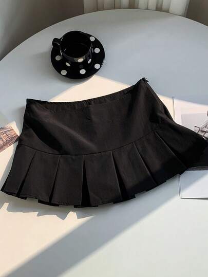 SHEIN EZwear Solid Casual Pleated Black Hem Mini Skirt