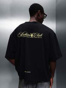 PLAYBOY X SUMWON Men Boxy Fit Crew Neck Short Sleeve T-Shirt With Gold Script Print Casual Streetwear Top - Black - View 1