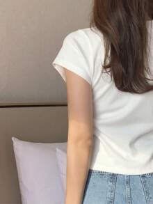 Camiseta básica de mujer de manga corta, cuello redondo, unicolor blanco, para primavera/verano, estilo casual de oficina - BLANCO - Ver 2