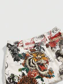ROMWE Grunge Punk Y2K Retro Babe Vintage Tiger Vine Faux Tattoo Print Tight Low Waist Denim Mini Skirt - White - View 3