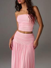 SHEIN PETITE 女士网纱纯色抹胸上衣和长裙两件套 - 粉色 - 查看 4