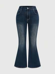 ROMWE Grunge Punk Calça Jeans Flare com Estampa da Bandeira do Reino Unido, Lavagem Vintage, Bolso, Estilo Y2K Baddie, Plus Size - Azul Marinho - Visão 3