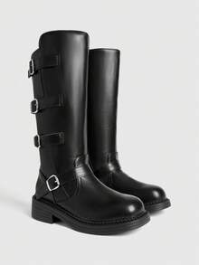 Sugerpunk Botas de media pantorrilla versátiles y de uso diario con botones para mujer - Negro - Ver 2