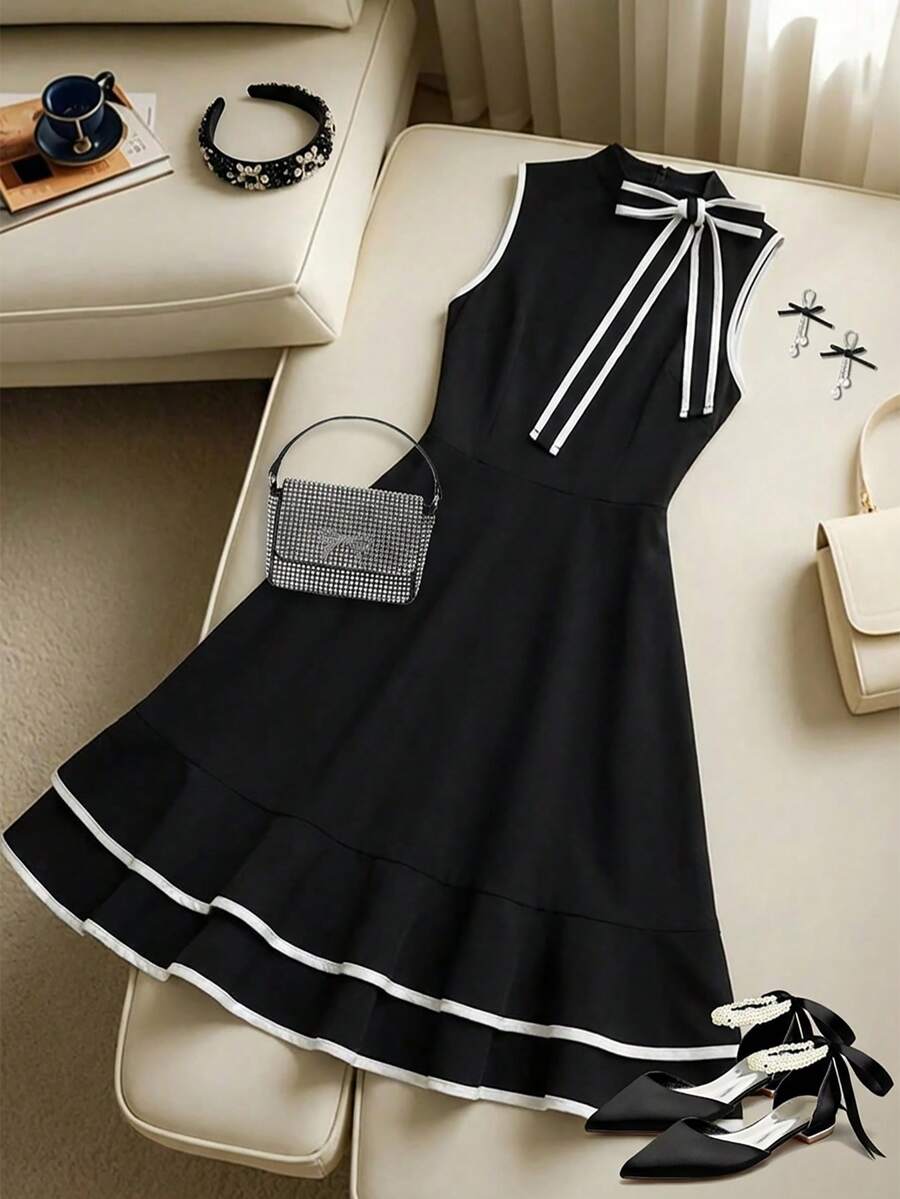 Vestido com Laço Frontal em Cores Contrastantes Estilo Vintage Sweet & Petite, Adequado para Encontros, Festas, Reuniões Casuais, Design Clássico, Elegante e Fofo, Ocasiões Versáteis - Preto - Visão 1