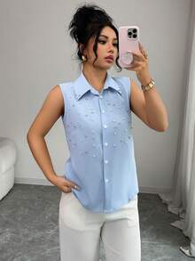 Rafferiza Classic French Elegant Sleeveless Beaded Blouse, Timeless Blue Design, Versatile For Women - Blue - View 6