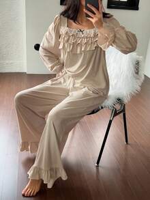 DAZY Ruffled Layered Women Pajama Set - Apricot - View 4