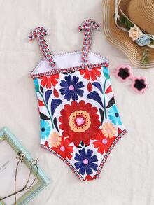 SHEIN Tween Girl White Tropical Beach Ditsy Floral Print Bow Decor One-Piece Swimsuit,Boho Summer Vacation Holiday Mom And Daughter Sisters Matching Style - Red - View 5