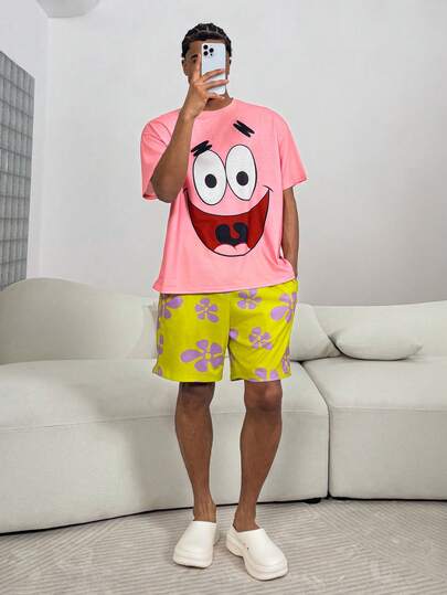 SpongeBob SquarePants | SHEIN 男士趣味卡通印花短袖 T 恤和短裤家居服睡衣套装，夏季