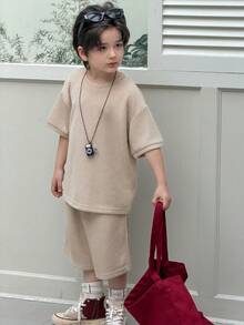 DAZY Young Boy Set Of Solid Color Round Neck Drop Shoulder T-Shirt And Shorts, Casual Outfit Spring Summer - Khaki - View 4