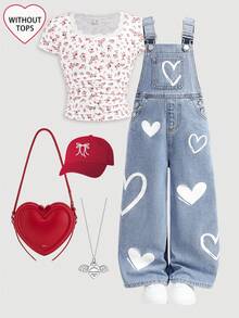 Young Girl' Cute White Heart Pattern Blue Denim Loose Bib Pants,Fall Clothes,Winter Clothing ,Casual And Fashionable Vacation Outfits,Streetwear,2000s Style  ,Christmas Clothing,Heart Pattern  Overall,Young Girl Overall - Light Wash - View 1