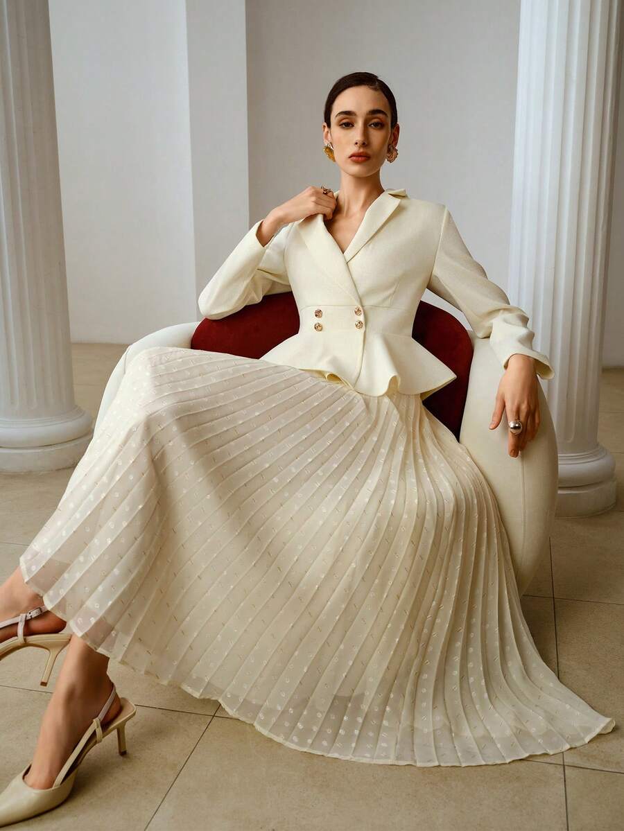 ZEYLAH Suit-Style Patchwork Jacquard Pleated Fitted Dress, Spring/Summer - Apricot - View 1