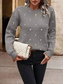 EURMUSE Women's Casual Versatile Polka Dot Pattern Crew Neck Sweater, Autumn/Winter,Jumper,Cream Jumper,Jumpers,Black Jumper,Womens Jumper,White Jumper,Women's Jumper,Women's Jumpers - Mocha Brown - View 5