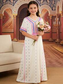 SHEIN 少女睡衣 - 刺绣睡裙，奶油色、粉色、紫色，短袖V领，夏季睡衣，假日必备，轻盈宽松家居服，派对礼物，少女休闲度假日常 - 杏色 - 查看 9