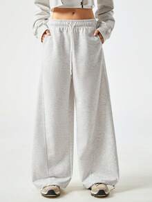 SHEIN Raffinéa Women's Solid Color Split Casual Wide Leg Pants - Grey - View 1