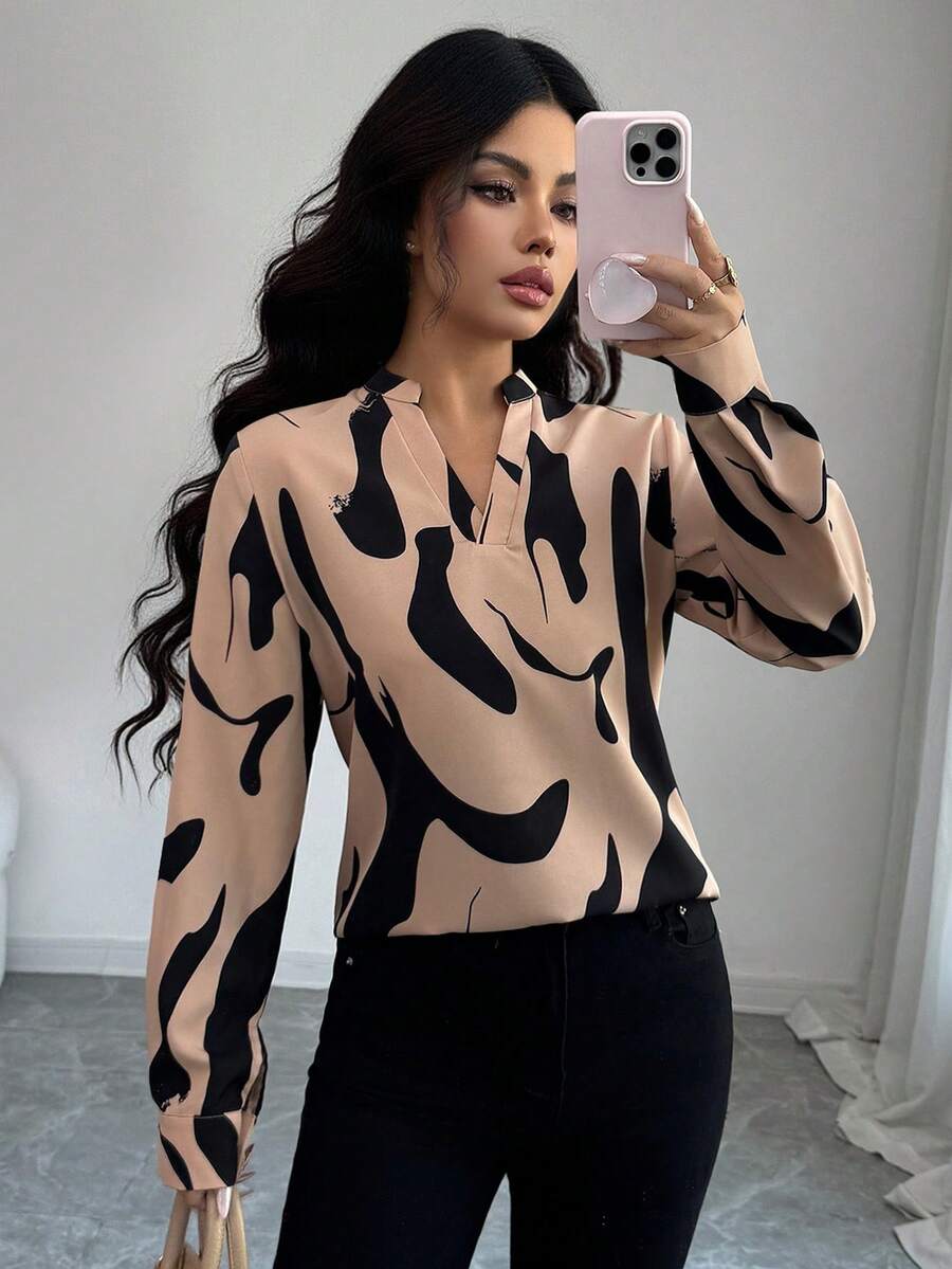 Elenzga Áo sơ mi dài tay nữ phối màu tương phản, phong cách tối giản, thường ngày. - Màu Khaki - Xem 1