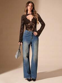 SHEIN BAE Tuta intera da donna di colore nero, minimalista e sexy, elegante, in pizzo trasparente con decorazione in metallo, collo quadrato, manica lunga, adatta per cocktail festa, appuntamenti romantici, come strato base per autunno/inverno, feste, occasioni formali, uscite serali, matrimoni, Ognissanti, Natale - Caffè Marrone - Visualizzare 1