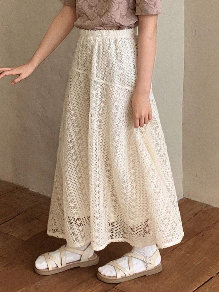 Tween Girl Solid Color Elastic Waist Hollow Out Minimalist Lace Skirt