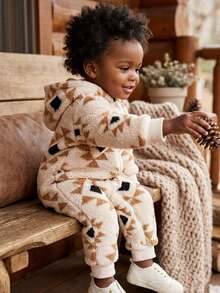 SHEIN Baby Girl Winter Beige Patchwork Hooded Jumpsuit 1 Piece, Zipper Closure, Geometric Pattern, Loose Fit, Suitable For Outings Leisure Wear - White - View 8