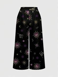 ROMWE Women's Casual Gothic Dark Mysterious Heart Eye Cross Palace Sun Moon Star Eye Black All-Over Print Loose Wide Leg Pants