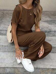 Serisse 蝙蝠袖露脐上衣和抽绳腰裤，纹理面料两件套 - 棕色 - 查看 8