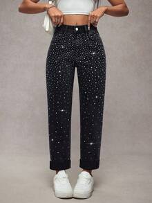 SHEIN Tall 水钻装饰高腰口袋休闲水洗锥形牛仔裤 - 黑色 - 查看 6