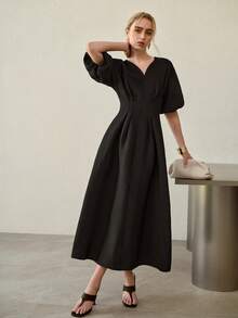 MOTF PREMIUM SWEETHEART NECK CINCHED WAIST LANTERN SLEEVE A-LINE MID-LENGTH DRESS, VERSATILE FOR EVERYDAY WEAR - Black - View 2