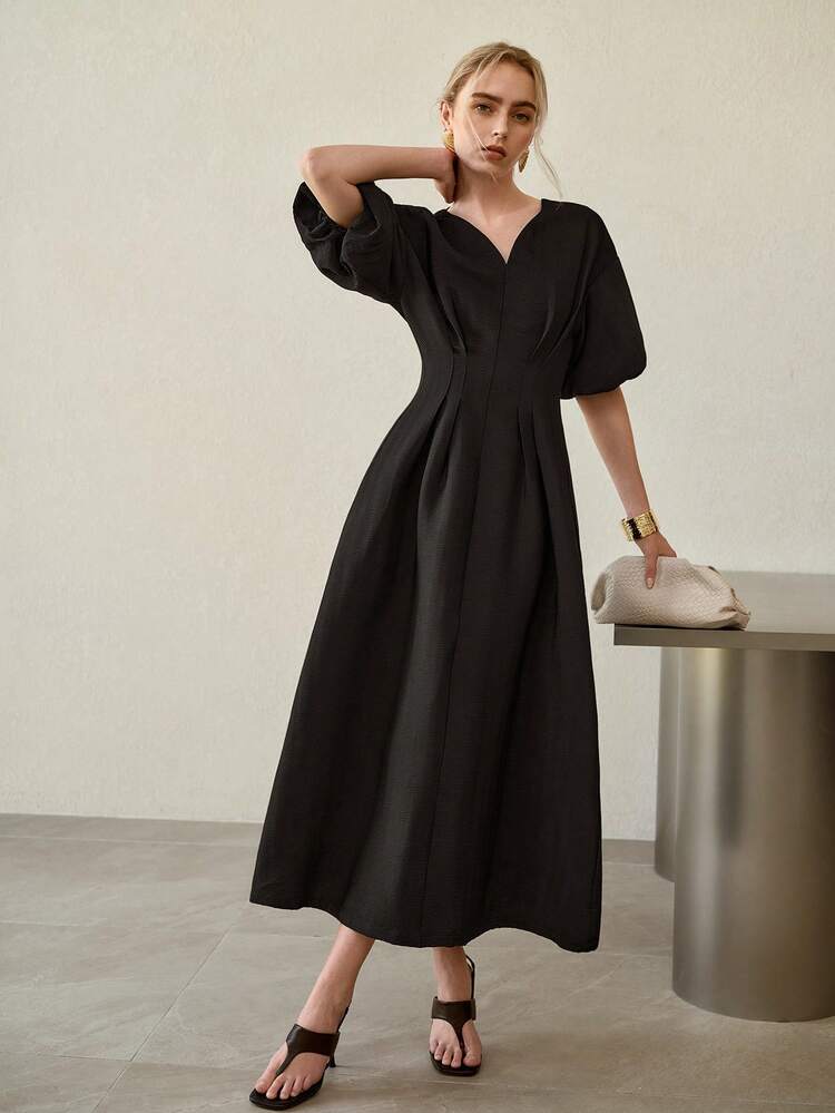SWEETHEART NECK CINCHED WAIST LANTERN SLEEVE A-LINE MID-LENGTH DRESS, VERSATILE FOR EVERYDAY WEAR