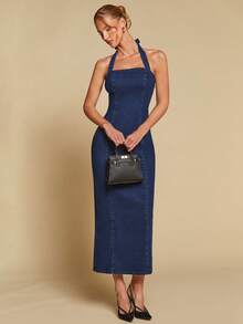 COSMINA Vestido largo de mezclilla con cuello de halter y ajuste ceñido para mujer, versátil para ir al trabajo, la oficina, uso diario y todas las estaciones - Azul lavado medio - Ver 3