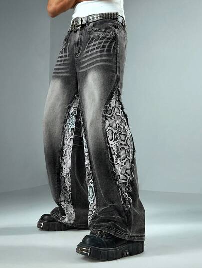 ROMWE MEN بنطلون جينز رجالي كاجوال مغسول مع جيوب مزينة بجلد الأفعى وشعر القطة