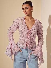 SHEIN BAE Áo voan voan tay dài xếp nếp chấm bi màu hồng trơn dành cho nữ, áo chống nắng, áo voan dễ thương ngọt ngào cho đầu xuân - Hồng - Xem 3