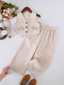 SHEIN 女童春夏休闲素色无袖背心和裤子套装 - 卡其色 - 查看 3