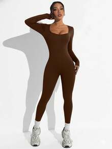 Velisys Seamless Sports Yoga Long Sleeve Jumpsuit/Vertical Stripe Textured Design/Curved Neckline/High Waist Shaping & Lifting/Fitness Yoga/Running/Fashionable & Versatile - Multicolor - View 5