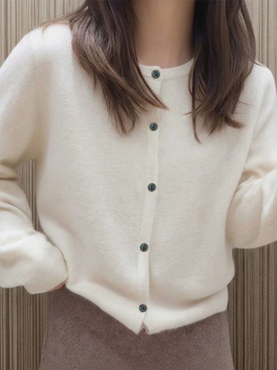 INAWLY Áo khoác cardigan ngắn cài nút phía trước màu trơn thường ngày dành cho nữ - Màu be - Xem 1