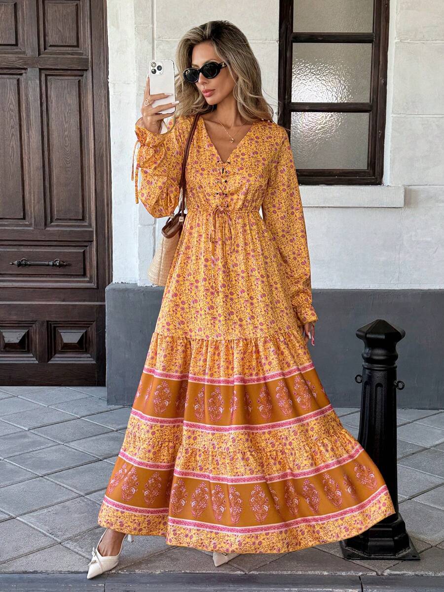 Breezaya Đầm maxi in hoa, thắt nút phía trước, tay bồng, gấu đầm xếp ly, thích hợp cho năm mới. - Màu vàng - Xem 1
