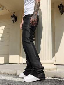 Manfinity Roughcore Quần jeans ống loe nam phong cách thường ngày, đơn giản, đa năng, màu trơn, thích hợp cho việc đi làm hàng ngày, không kèm thắt lưng. - màu đen - Xem 6