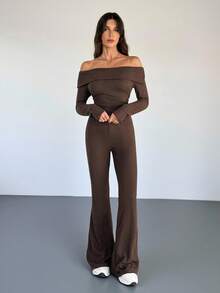 SHEIN Tall Casual & Homewear Minimalist Off-Shoulder Ribbed 2 Pieces Set - Brown - View 1