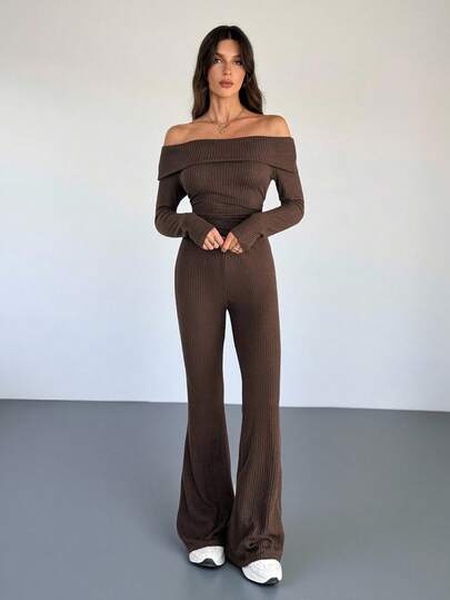 SHEIN Tall Casual & Homewear Minimalist Off-Shoulder Ribbed 2 Pieces Set