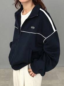 FRIFUL 女士藏蓝色立领白色撞色条纹针织滚边宽松休闲百搭保暖内衬卫衣外套，秋冬款 - 藏蓝色 - 查看 4