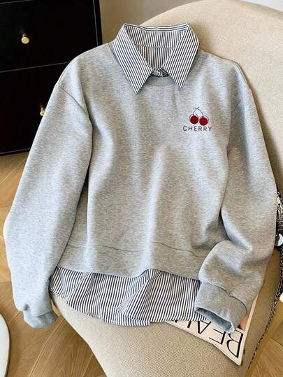 Resyla 大码女式休闲、工作、通勤樱桃字母印花撞色条纹宽松套头卫衣，春秋季