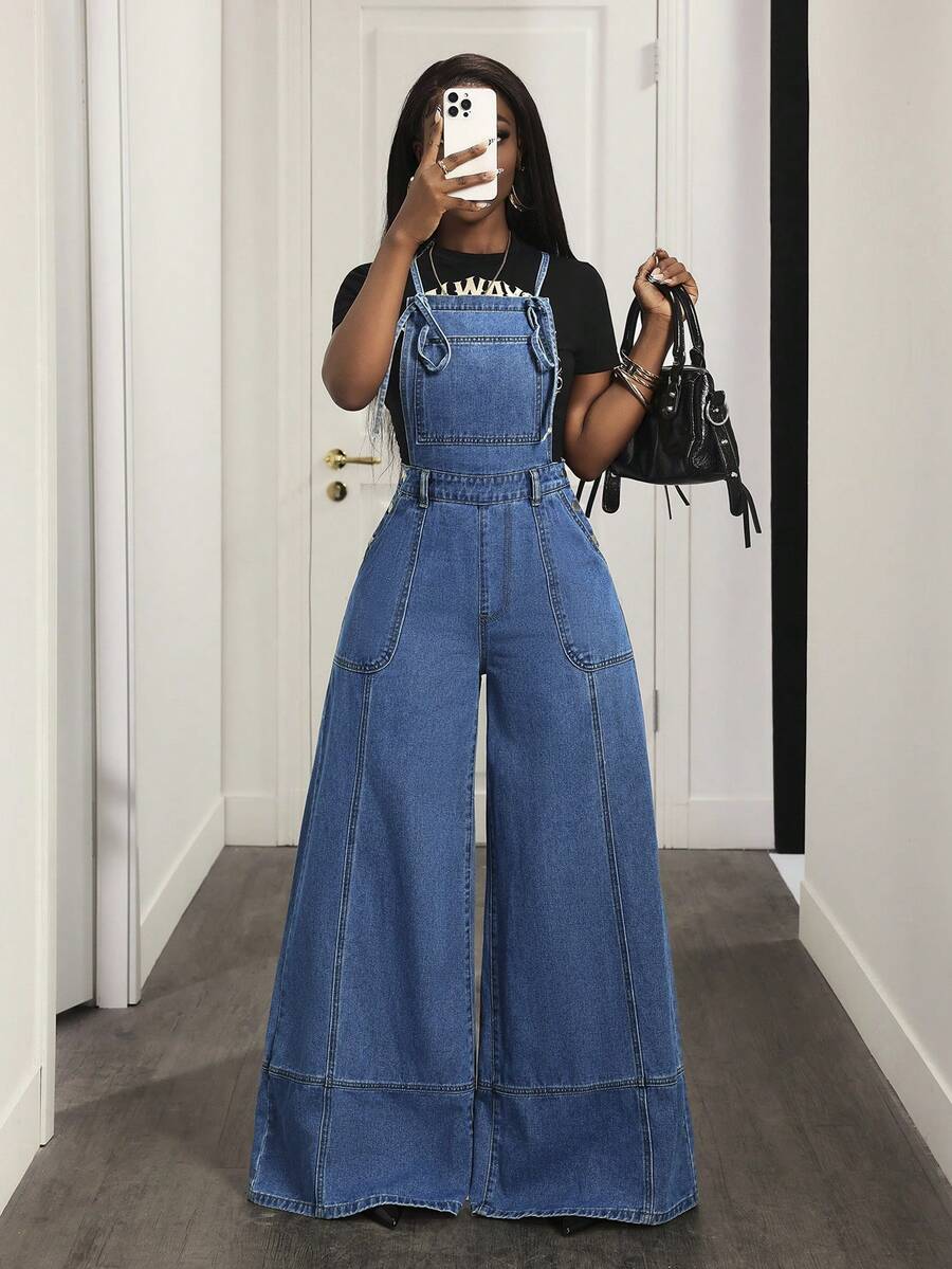 Slaydiva Women's Summer Casual Loose Pocket Wide Leg Denim Bib Pants Denim Jumpsuits For Woman Denim Overalls Jean Overalls Wide Leg Denim Jumpsuit - Khaki - View 1