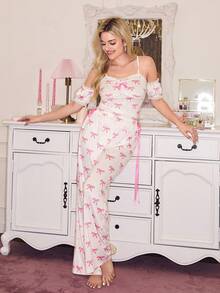 Valentine's Day Cute Y2K Bow Print Bow Ribbon Lace Trim Women Pajama Set