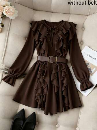 Pariaura Vintage Brun Volangklänning Med Heltryck/Slim Fit Minikjol Med Åtsittande Midja/Elegant & Söt