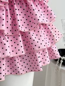 Elamini Váy ngắn dự tiệc chấm bi nhiều lớp nhún bèo eo cho nữ dễ thương đa năng - Hồng - Xem 5