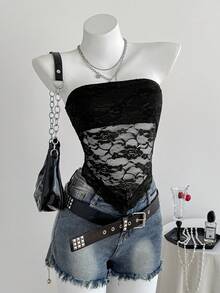 SHEIN EZwear 性感蕾絲抹胸上衣搭配方巾 - 黑色 - 查看 3