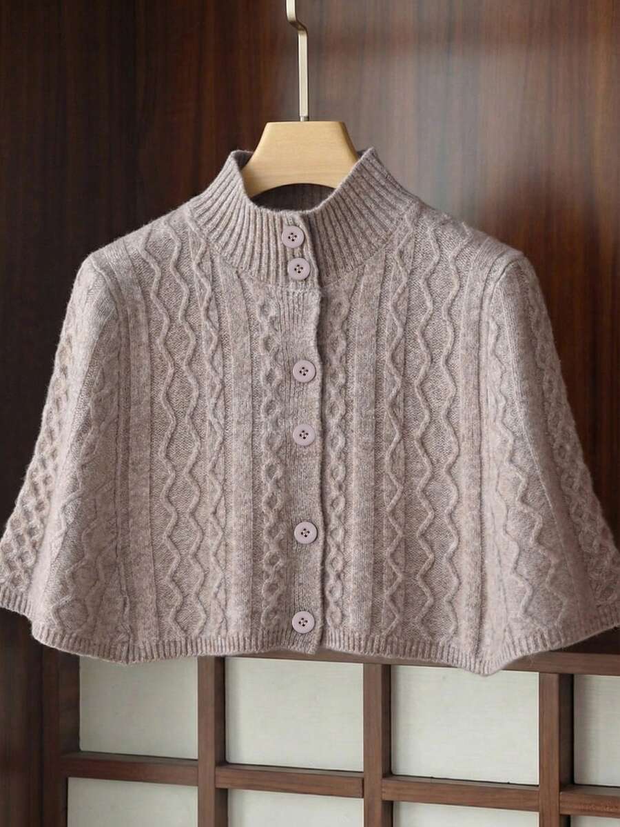 Chiquease 女士秋冬新款披肩斗篷外套，休闲优雅百搭设计，复古纹理高领毛衣开衫 - 卡其色 - 查看 1