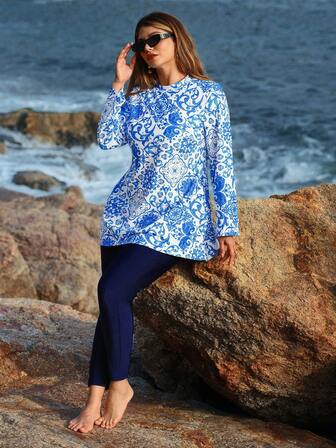 Swim Shayni 大码女式两件套随机印花宽松泳衣套装，遮肚，防晒