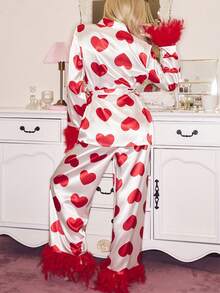Romantic Heart Feather Satin Long Sleeve & Pants Sleepwear Set, Sweet Girl French Elegant Satin Valentine's Day Pajamas, INS Heart Feather Ladies Sleepwear Set - Red and White - View 2