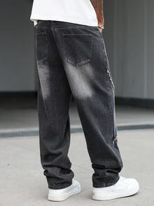 Manfinity EMRG 男士时尚街头风做旧斜插口袋牛仔裤 - 灰色 - 查看 2