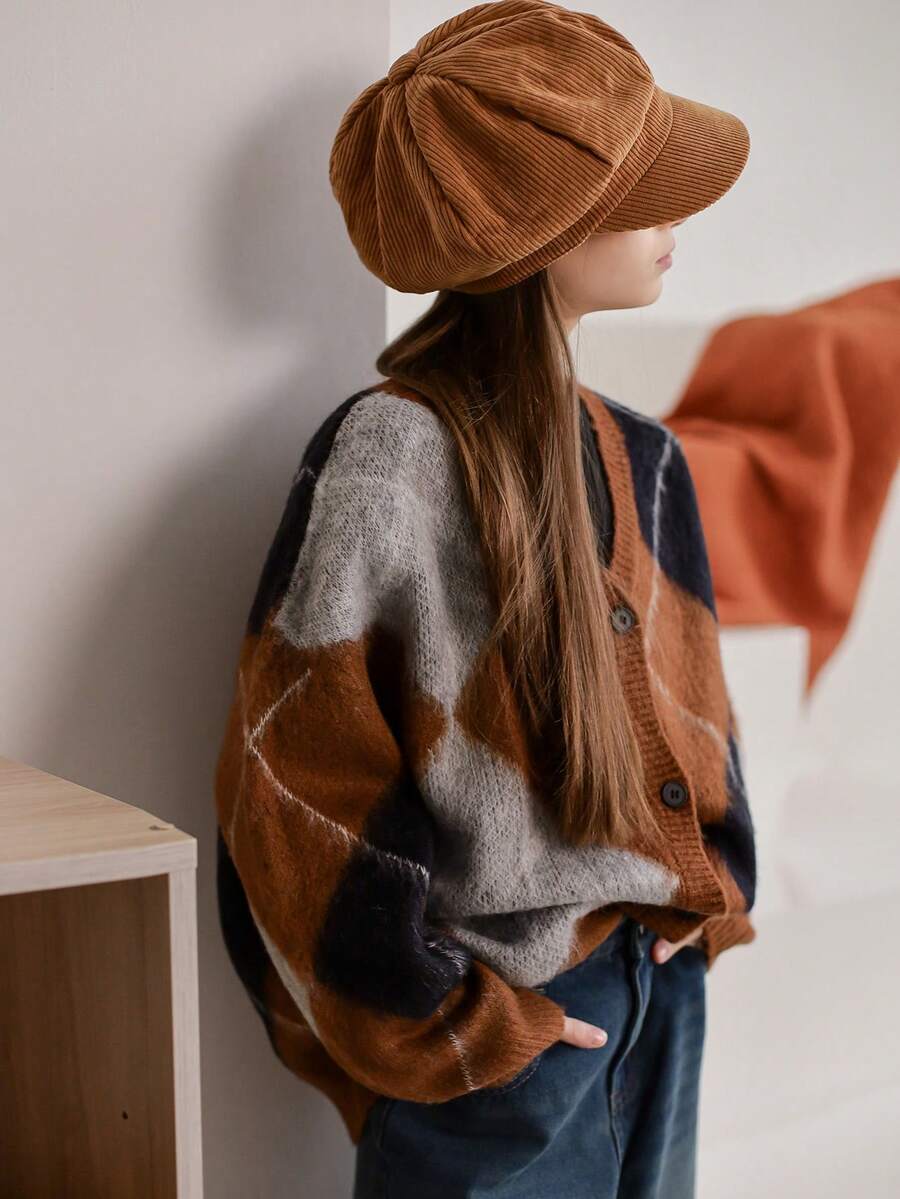 Dazy Kids 少女撞色菱形图案长袖宽松针织开衫 - 棕色 - 查看 1